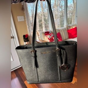 Michael Kors Black Leather Top-Zip Tote Bag
